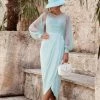 Tina Holly Couture Made To Order Tina Holly Couture BA356 Sage Crepe Pearl Long Sleeve Midi Dress NEW ARRIVALS