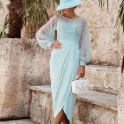 Tina Holly Couture Made To Order Tina Holly Couture BA356 Sage Crepe Pearl Long Sleeve Midi Dress NEW ARRIVALS
