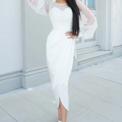 Tina Holly Couture Made To Order Tina Holly Couture Designer BA356 White Pearl Long Sleeve Midi Dress