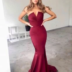 Tina Holly Couture Made To Order Tina Holly Couture Designer BA651 Burgundy Satin Strapless Mermaid Formal Dress NEW ARRIVALS