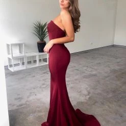Tina Holly Couture Made To Order Tina Holly Couture Designer BA651 Burgundy Satin Strapless Mermaid Formal Dress NEW ARRIVALS