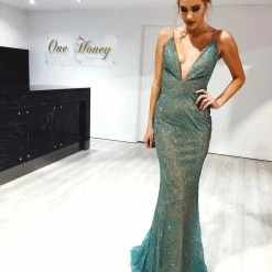 NEW ARRIVALS Honey Couture THESSY Green Mermaid Sequin Formal Gown Dress