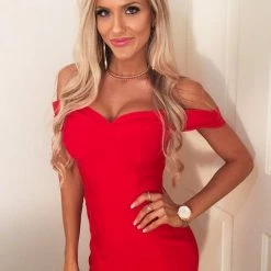 Honey Couture BECKY Red Off Shoulder Bustier Bandage Dress