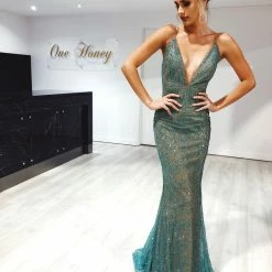 NEW ARRIVALS Honey Couture THESSY Green Mermaid Sequin Formal Gown Dress