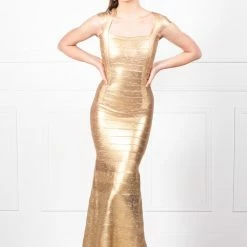 Honey Couture CELIA Gold Maxi Bandage Dress NEW ARRIVALS