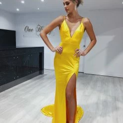 Honey Couture MILEE Yellow Low Back Mermaid Evening Gown Dress W Leg Split NEW ARRIVALS