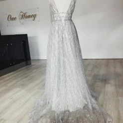 Honey Couture ENYA White & Silver Glitter Formal Gown