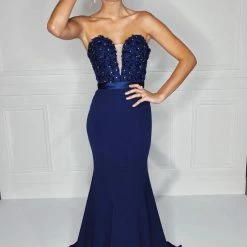 NEW ARRIVALS Honey Couture SERENA Blue Strapless Mermaid Formal Dress