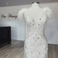 Portia & Scarlett Made To Order Portia & Scarlett FUFU White Feather Mesh Couture Beaded Formal Gown NEW ARRIVALS