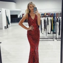 Honey Couture ADAH Red Sequin Evening Gown Dress