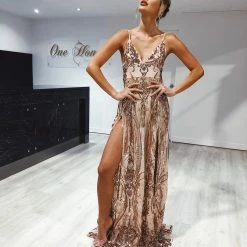 Honey Couture AZALIA Gold Split Front Sequin Formal Dress NEW ARRIVALS