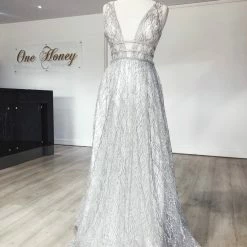 Honey Couture ENYA White & Silver Glitter Formal Gown