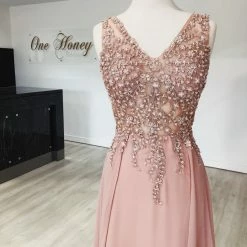 Honey Couture Made To Your Measurements NEW ARRIVALS Honey Couture ALICIA Lace Beaded Applique Bodice Chiffon Skirt Formal Dress