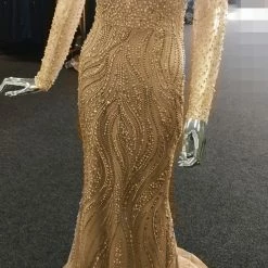 Tina Holly Couture Made To Order MOTHER OF BRIDE/GROOM Tinaholy Couture T17130 Gold Beaded Mesh Sleeve Formal Gown Prom Dress