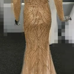 Tina Holly Couture Made To Order MOTHER OF BRIDE/GROOM Tinaholy Couture T17130 Gold Beaded Mesh Sleeve Formal Gown Prom Dress