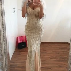Honey Couture BRIELLE Gold Sheer Sequin W Sheer Insert Evening Gown Dress