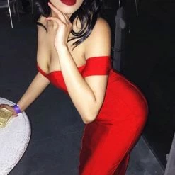 Honey Couture BECKY Red Off Shoulder Bustier Bandage Dress