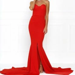 Honey Couture HANNAH Red Strapless Princess W Slit Evening Gown Dress