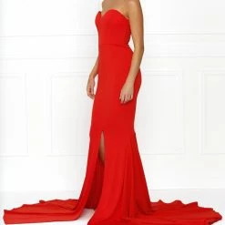 Honey Couture HANNAH Red Strapless Princess W Slit Evening Gown Dress