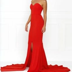 Honey Couture HANNAH Red Strapless Princess W Slit Evening Gown Dress
