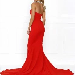 Honey Couture HANNAH Red Strapless Princess W Slit Evening Gown Dress