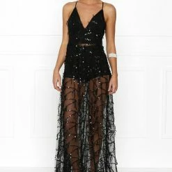 Honey Couture LANA Black Sheer Sequin Tassel W Split Evening Gown Dress NEW ARRIVALS