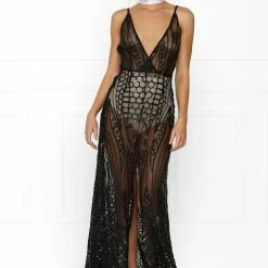 Honey Couture SIENA Black Sheer Sequin W Split Evening Gown Dress NEW ARRIVALS