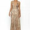 Honey Couture SIENA Rose Gold Sheer Sequin W Split Evening Gown Dress