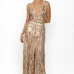 Honey Couture SIENA Rose Gold Sheer Sequin W Split Evening Gown Dress