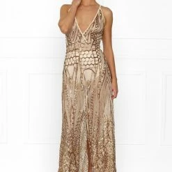 Honey Couture SIENA Rose Gold Sheer Sequin W Split Evening Gown Dress