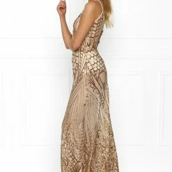 Honey Couture SIENA Rose Gold Sheer Sequin W Split Evening Gown Dress