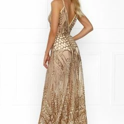 Honey Couture SIENA Rose Gold Sheer Sequin W Split Evening Gown Dress