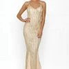 Honey Couture BRIELLE Gold Sheer Sequin W Sheer Insert Evening Gown Dress
