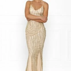 Honey Couture BRIELLE Gold Sheer Sequin W Sheer Insert Evening Gown Dress