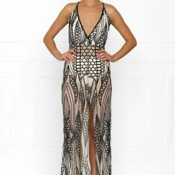 NEW ARRIVALS Honey Couture GWEN Nude Black Crystal Sequin Maxi Formal Gown