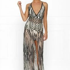 NEW ARRIVALS Honey Couture GWEN Nude Black Crystal Sequin Maxi Formal Gown