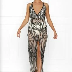 NEW ARRIVALS Honey Couture GWEN Nude Black Crystal Sequin Maxi Formal Gown