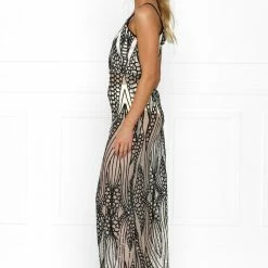 NEW ARRIVALS Honey Couture GWEN Nude Black Crystal Sequin Maxi Formal Gown