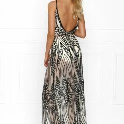 NEW ARRIVALS Honey Couture GWEN Nude Black Crystal Sequin Maxi Formal Gown