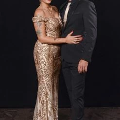 NEW ARRIVALS Honey Couture HAILEY Rose Gold Sheer Sequin Off Shoulder Evening Gown Dress