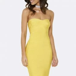 Honey Couture ESTELLE Yellow Strapless Bandage Dress