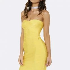 Honey Couture ESTELLE Yellow Strapless Bandage Dress