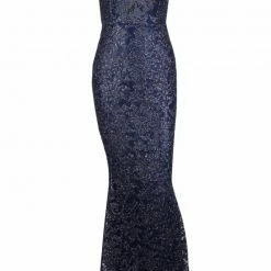 Honey Couture GRETA Blue Lace & Glitter Overlay Mermaid Formal Gown Dress