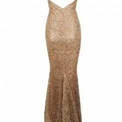 Honey Couture GRETA Gold Lace & Glitter Overlay Mermaid Formal Gown Dress NEW ARRIVALS