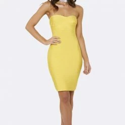 Honey Couture ESTELLE Yellow Strapless Bandage Dress