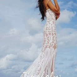 Tina Holly Couture Made To Order Tina Holly Couture T17101 White Nude Sequin Thin Strap Gown NEW ARRIVALS