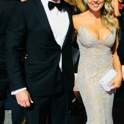 Honey Couture GRETA Silver/Nude Lace & Glitter Overlay Mermaid Formal Gown Dress NEW ARRIVALS