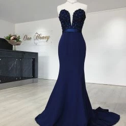 NEW ARRIVALS Honey Couture SERENA Blue Strapless Mermaid Formal Dress