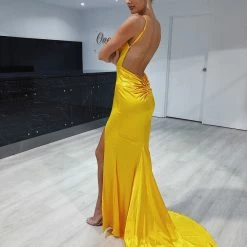 Honey Couture MILEE Yellow Low Back Mermaid Evening Gown Dress W Leg Split NEW ARRIVALS
