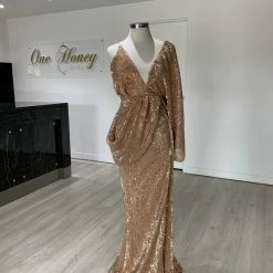 Honey Couture SHAKIRA Rose Gold One Sleeve Sequin Formal Dress NEW ARRIVALS